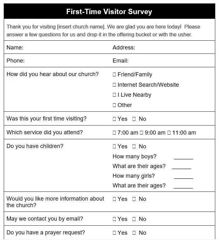 Church first time visitor survey
